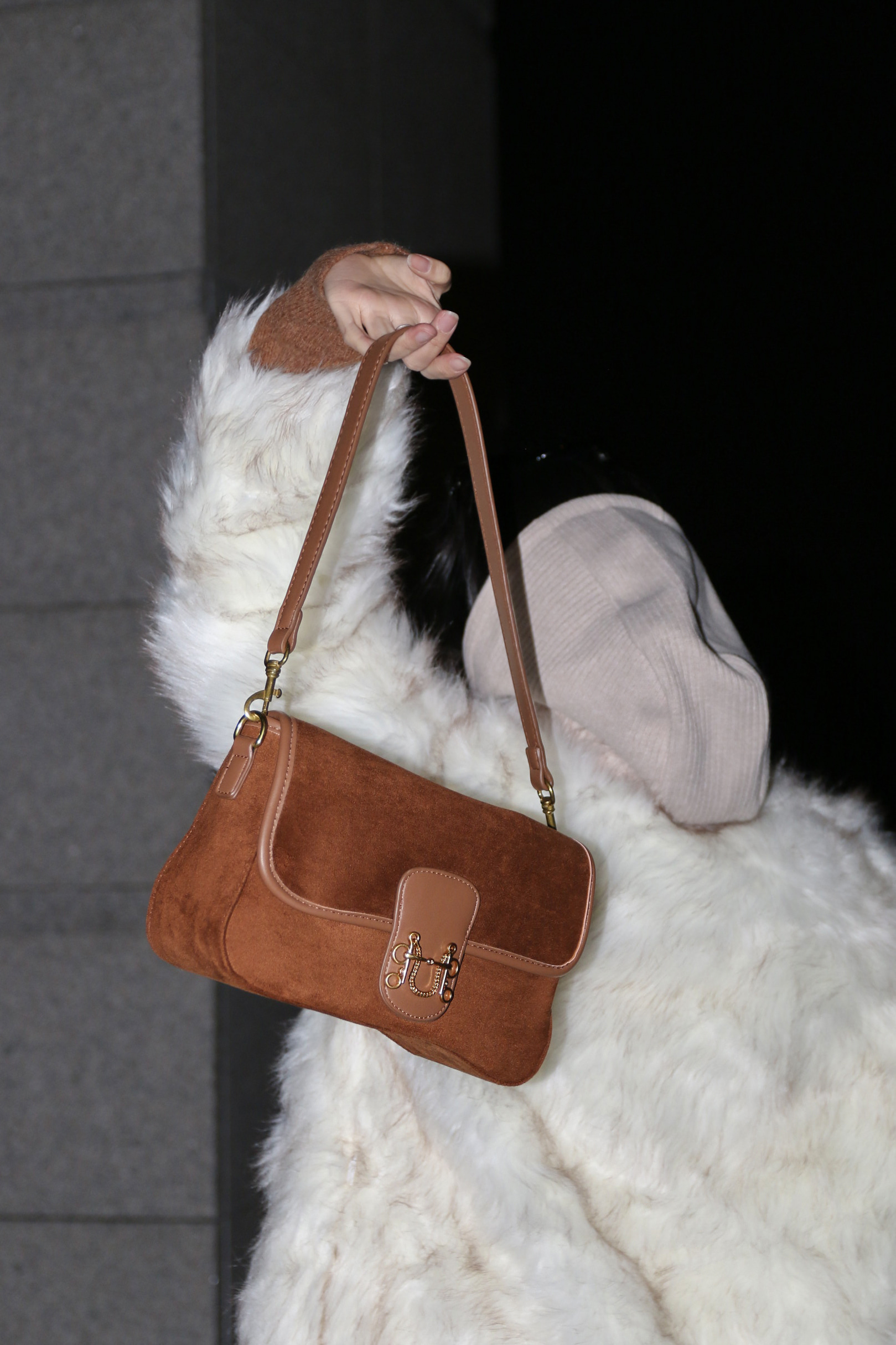buckle point suede bag